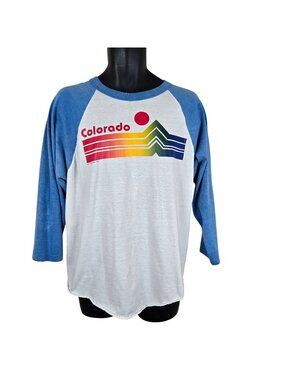 Vintage 70s Colorado Raglan Baseball Tee TShirt Blue White XL Rainbow